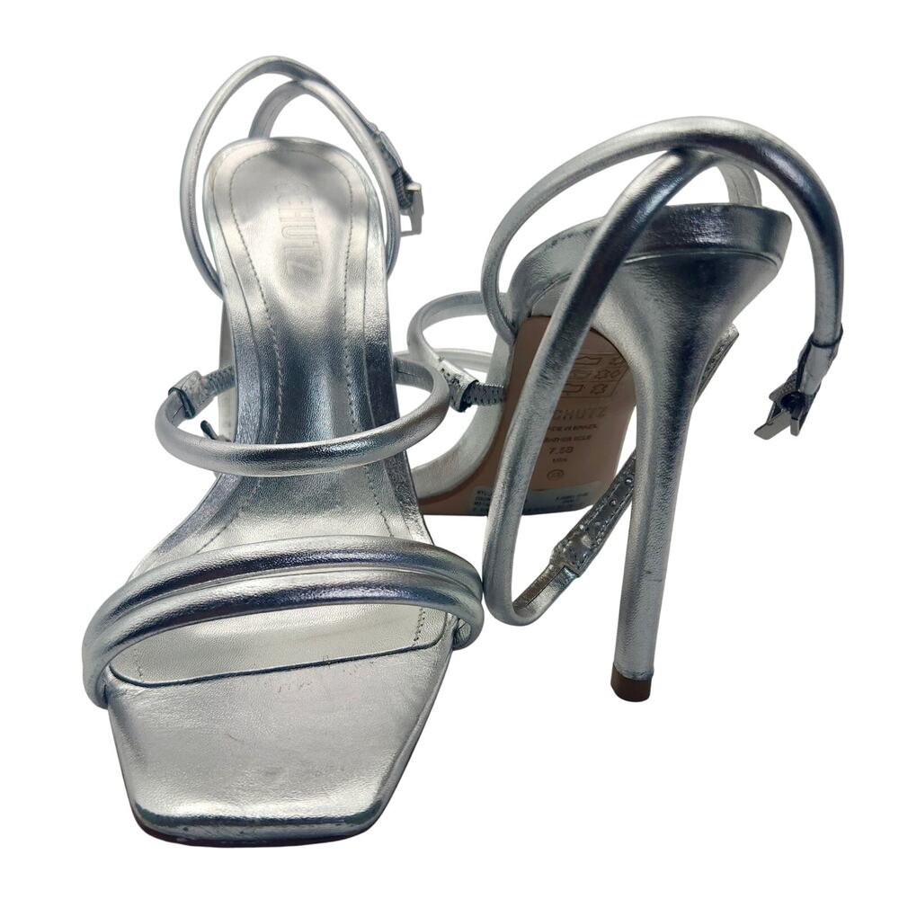 SCHUTZ Nylla Silver Metallic Nappa Ankle Strap High Heel Sandals 7.5 | MSRP $138